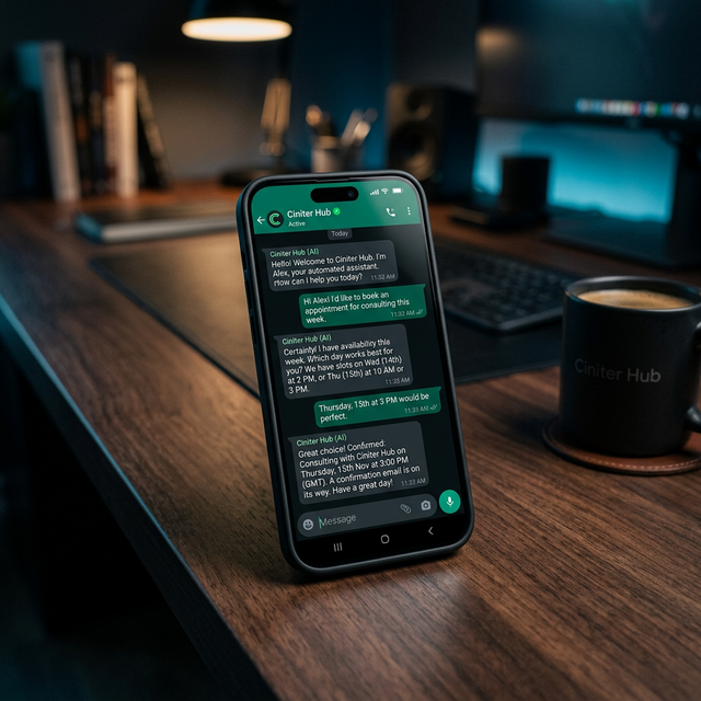 WhatsApp conversation with Ciniter Hub automated assistant